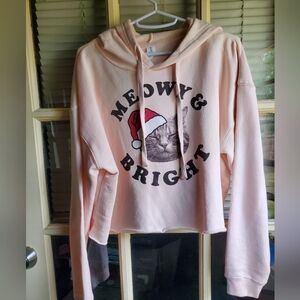 Christmas Cat Crop Hoodie - Light Pink - Medium